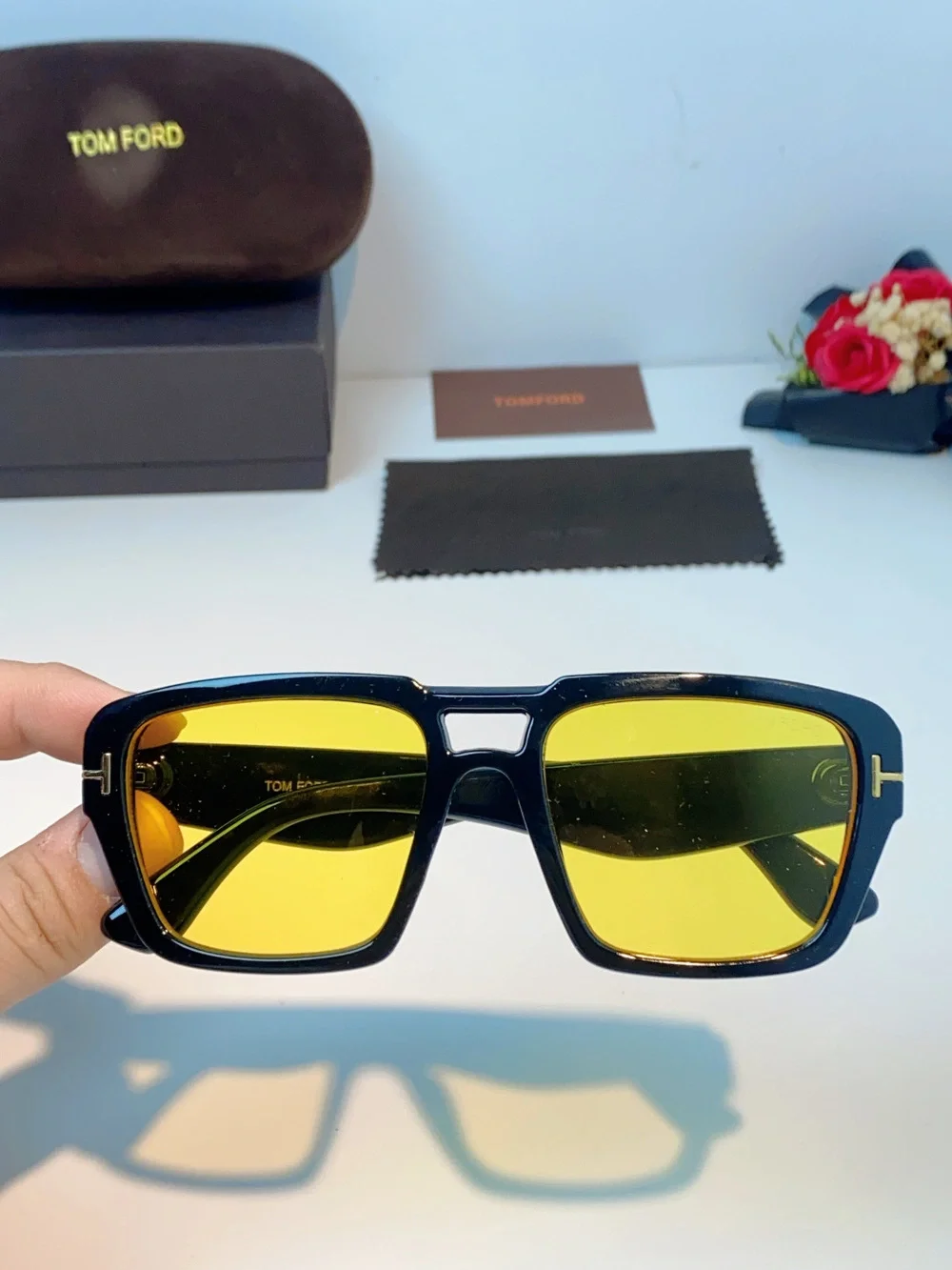 Tom Ford T-shaped Square-Frame Yellow-Lens Sunglasses